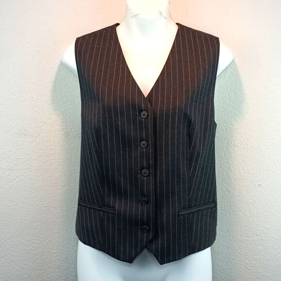 Laura Scott  Dark Gray / White Pinstripe Button Down Vest sz 14p Business Casual - Picture 1 of 7